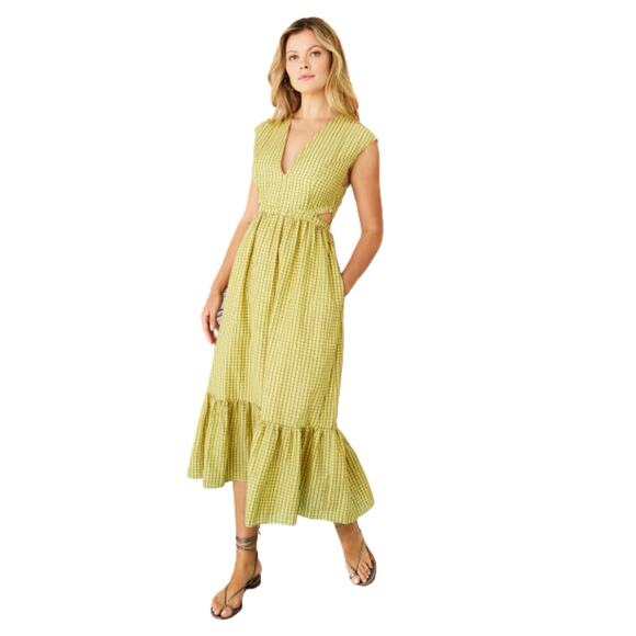 Marie Oliver Dresses & Skirts - Marie Oliver Simone Lemongrass Yellow Plaid Cut Out Silk Blend Midi Dress